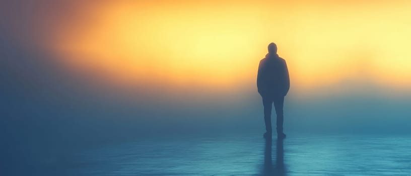 A solitary figure stands against a backdrop of vibrant colors immersed in fog at dawn creating a serene and reflective atmosphere.