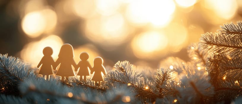 A family made of paper silhouettes stands together among soft pine branches illuminated by warm glowing lights at sunset.