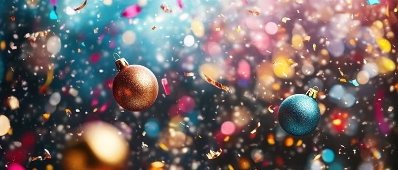 Brightly colored ornaments float amidst confetti in a lively celebration capturing the joy and excitement of a festive atmosphere.
