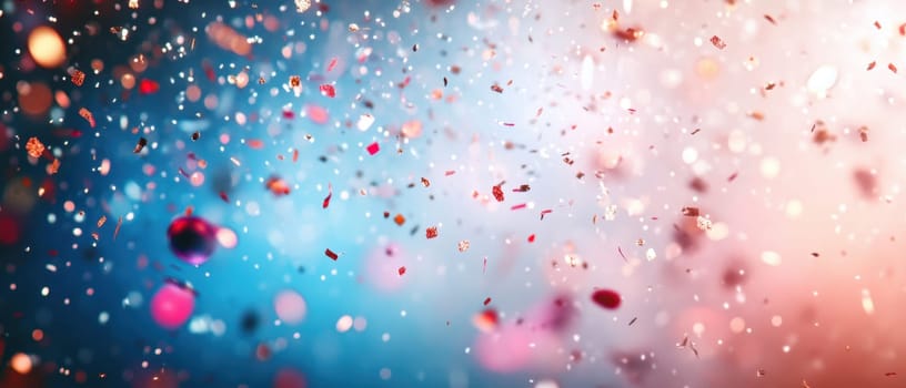 Glittering particles drift through a vibrant background of blue and pink hues creating a festive and joyful atmosphere perfect for celebrations.