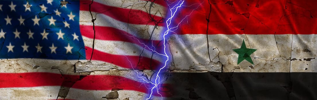 War between the United States and Yemen. USA vs Yemen flag on a cracked wall. Conflict between the United States and Yemen
