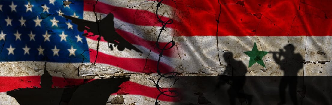 Political tension between the United States and Yemen. USA vs Yemen flag on a cracked wall. Conflict between the United States and Yemen