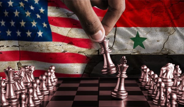 USA vs Yemen flag concept on chessboard. Conflict between USA and Yemen on pieces of chessboard. War between Yemen and USA