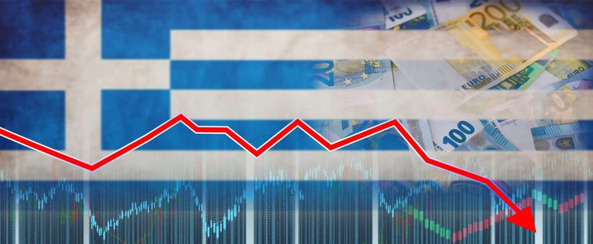 Greece financial crisis on economic graph, economic collapse. Greek economic crisis graph, financial crash