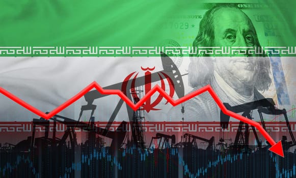 Crisis and decline in oil production with Iranian flag on financial graph. Fall in the price of oil with the Iranian flag