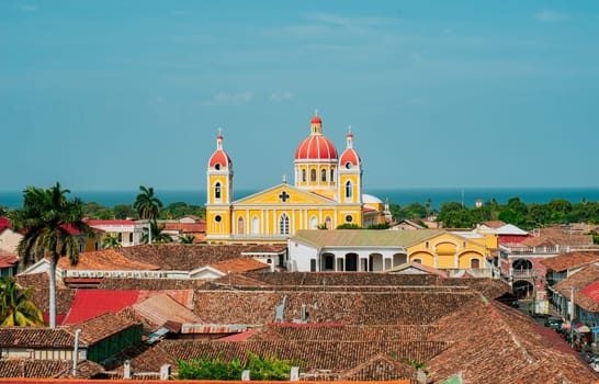 Beautiful colonial cathedral of Granada seen from the viewpoint of the La Merced church