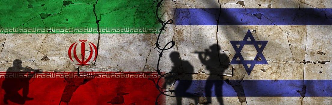 Conflict between Iran and Israel concept. Political tension between Iran and Israel. Israel vs Iran flag on cracked wall