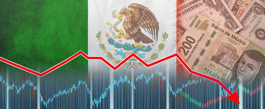 Mexico financial crisis on economic graph, economic collapse. Mexican economic crisis graph, financial crash