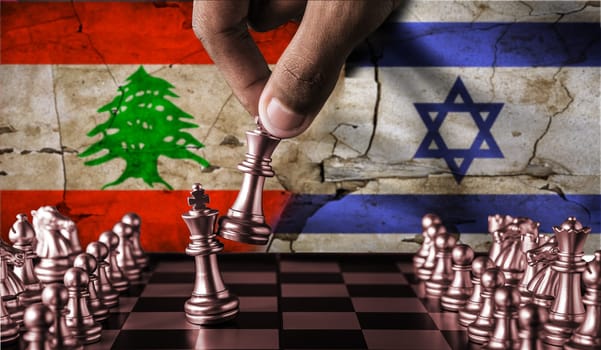 Israel vs Lebanon flag concept on chessboard. Political tension between Lebanon and Israel. Conflict between Lebanon and Israel on pieces of chessboard