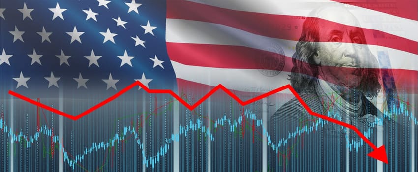 USA economic fall graph, economic decline. United State economic crisis graph, economic collapse