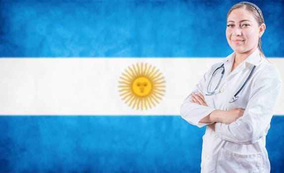 Doctor with arms crossed on Argentina flag background. Doctor with stethoscope on Argentine flag. Argentine Health and Care concept