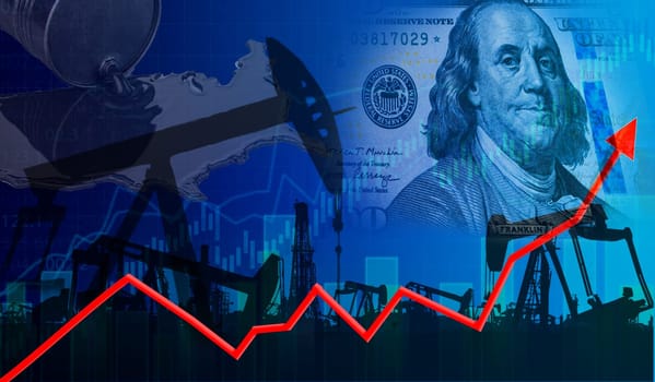Rise in gasoline prices on financial graph with oil pumps. Oil price rise on financial graph, concept