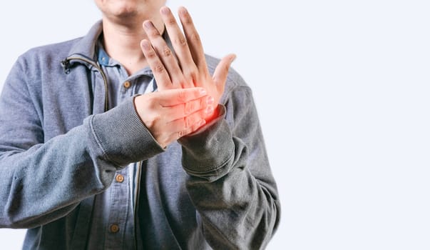 Person with arthritis rubbing hand isolated. People suffering with pain in hand joints