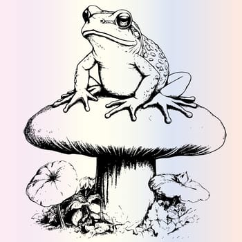 Frog Sitting On Mushroom Coloring Page Drawing For Kids
