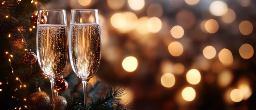 Two champagne glasses filled with bubbly sit beside a festive tree sparkling lights creating a joyful atmosphere for the celebration.