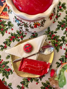 Festive dessert table with holiday-themed decorations. a warm crumble topped with a scoop of ice cream and a Christmas tree decoration captures the cozy atmosphere of a winter celebration. Festive and joyful winter celebrations. Xmas treats.