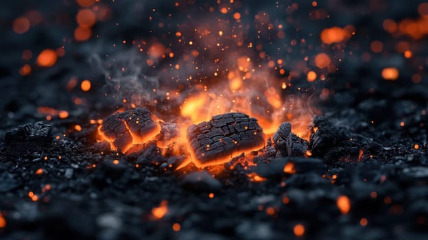 Glowing Embers, Close up of Burning Charcoal with Sparks and Smoke