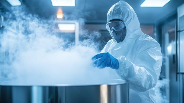 Scientist in Protective Suit Working with Liquid Nitrogen in Laboratory
