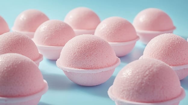 Collection of pink bath bombs arranged on a blue background