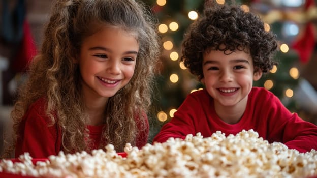 Two children enjoying popcorn together during the holiday season, surrounded by festive decorations and a warm atmosphere