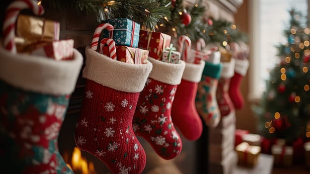 Christmas stockings filled with gifts and candy canes hanging on a fireplace mantel in a cozy living room. Concept of Christmas, holidays, winter, family, tradition, gifts, celebration, and joy.