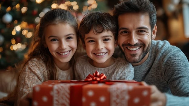 Happy family celebrating Christmas with gifts, smiling children and father in cozy living room with decorated tree