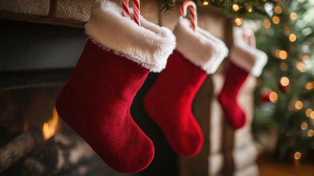 Three red Christmas stockings with white fur trim hanging on a fireplace mantel with a warm fire burning in the background.