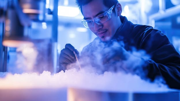 Scientist Working with Liquid Nitrogen in Lab, Research and Innovation