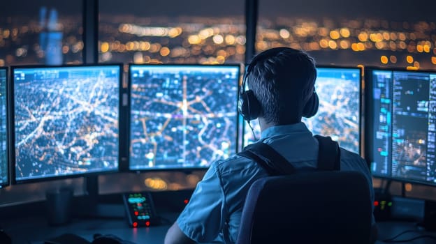Air Traffic Controller Working in Airport Tower at Night, Monitoring Flights on Multiple Screens