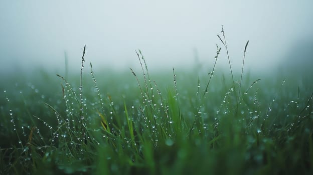 Dewdrops on Grass in Foggy Meadow, Serene Morning Nature Scene