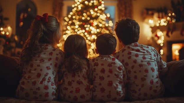 Four children in red Christmas pajamas looking at decorated Christmas tree lights on Christmas Eve. Concept of Christmas magic, winter holidays, childhood, family time, anticipation, and joy.