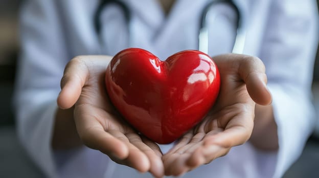 Doctor holding red heart, representing healthcare, cardiology, and love for patients.