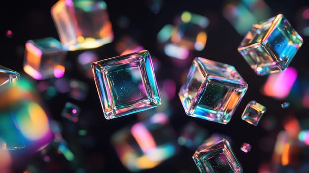 3D Render of Floating Glass Cubes with Iridescent Colors on Dark Background
