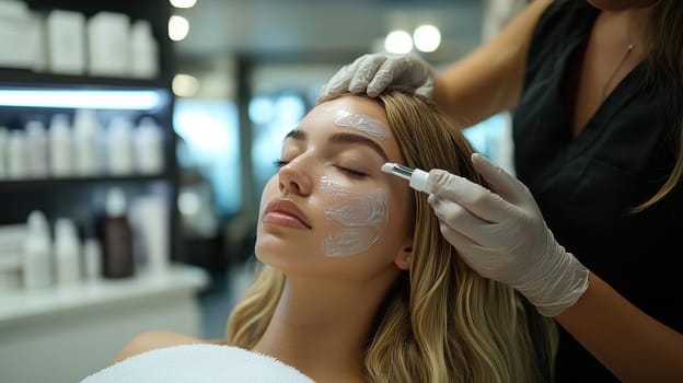 Facial treatment. Close up of cosmetician in gloves applying a cream mask on a young woman face in a beauty salon. Rejuvenation, wellness, and professional skincare concept.