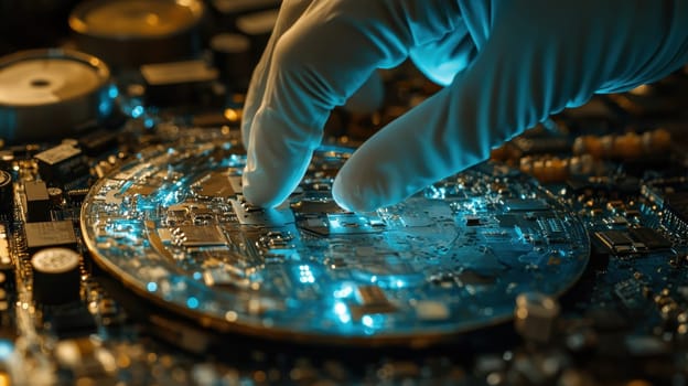 Gloved Hand Examining Illuminated Circuit Board, Technology and Innovation