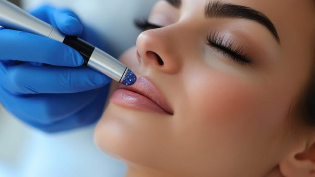 Close up of a woman receiving a cosmetic treatment on her lips, showcasing beauty and skincare procedures
