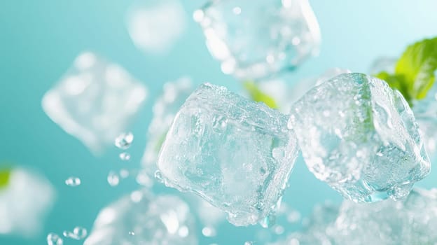 Ice Cubes and Mint Leaves on Turquoise Background, Refreshing Summer Concept