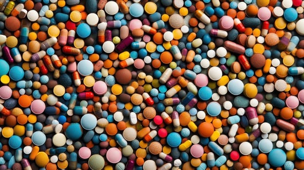 Colorful Pills and Capsules Background, Medicine, Pharmacy, and Healthcare Concept