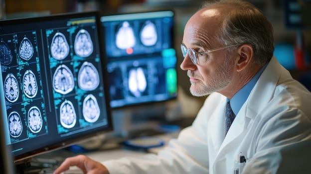 Doctor Examining Brain MRI Scan on Computer, Medical Diagnosis and Healthcare