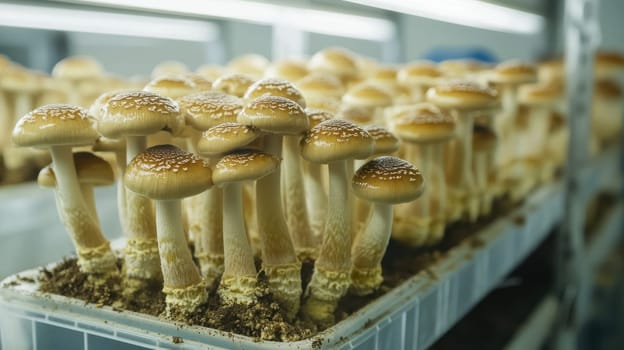 Shiitake Mushrooms Growing in Indoor Farm, Organic Food Production