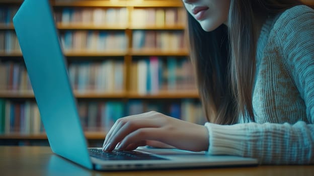 Student Studying on Laptop in Library, Focused Learning