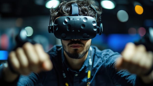 Man Immersed in Virtual Reality Experience with VR Headset