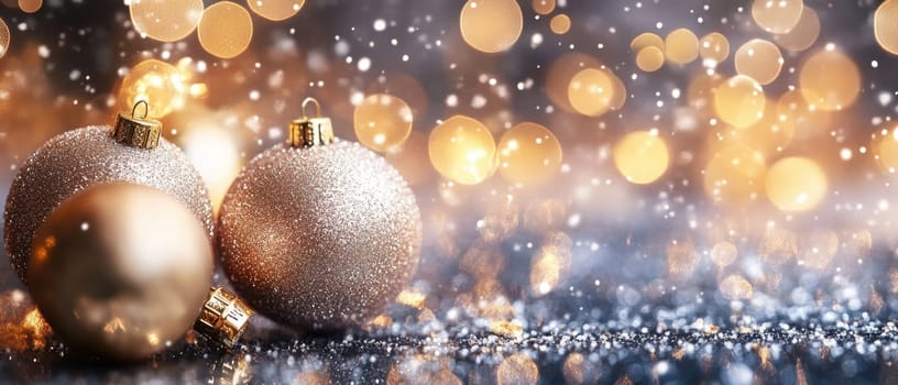 Glistening golden ornaments rest on a reflective surface surrounded by soft warm lights and falling snowflakes creating a festive atmosphere.