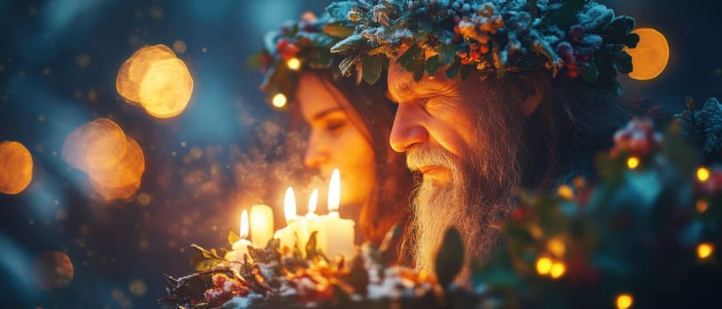 A group of people celebrates winter with candles and wreaths creating a warm atmosphere amidst twinkling lights in the evening.