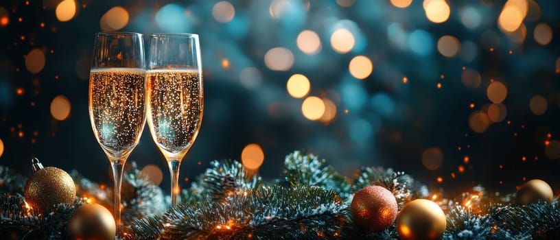 Two sparkling champagne glasses sit atop festive decorations surrounded by glowing lights perfect for a holiday celebration.