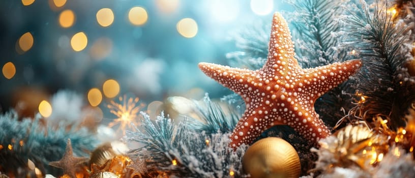 The starfish is beautifully placed among bright holiday ornaments creating a festive atmosphere with shimmering lights in the background.
