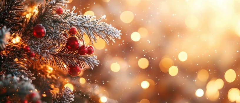 A Christmas tree adorned with ornaments stands sparkling under twinkling lights creating a warm and joyful atmosphere during the holiday season.
