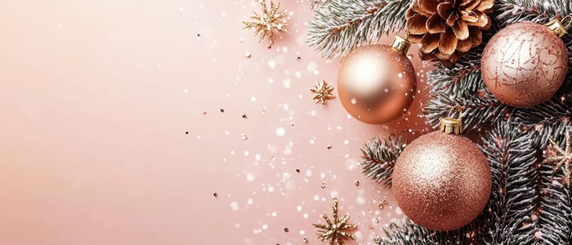 Rose gold ornaments and pine branches create a festive atmosphere for the holiday season surrounded by sparkling snowflakes.