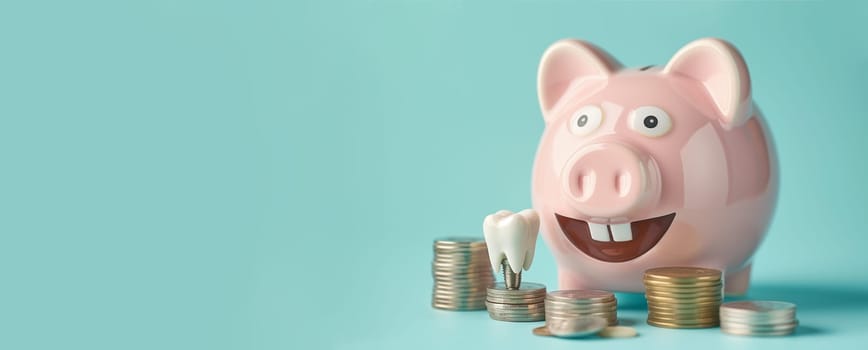 Tooth on a pile of coins, piggy bank, medical care and insurance, saving money for dental treatment, fillings, dentures and prostheses