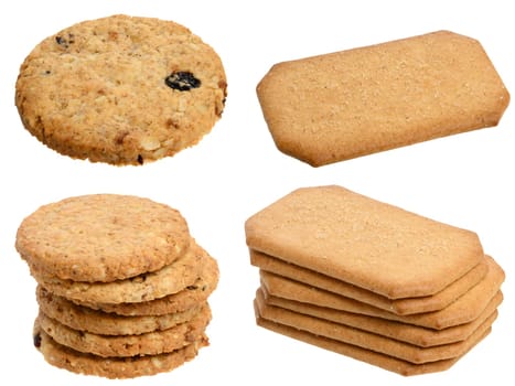 Round cookies with oatmeal and dried fruits, and rectangular shortbread cookies with cinnamon and sugar, set